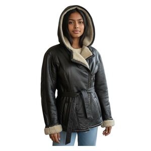 Wilson Leather Hooded Faux Fur Lined Zipper Belted Jacket. Size Small.